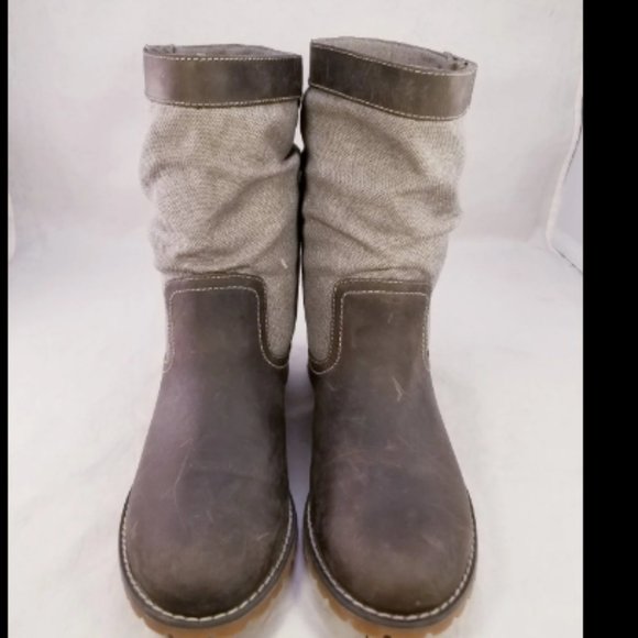TIMBERLAND WOMEN BOOTS BROWN LEATHER GRAY CANVAS MOTORCYCLE COMBAT BOOTS SZ 7.5 - Picture 1 of 9